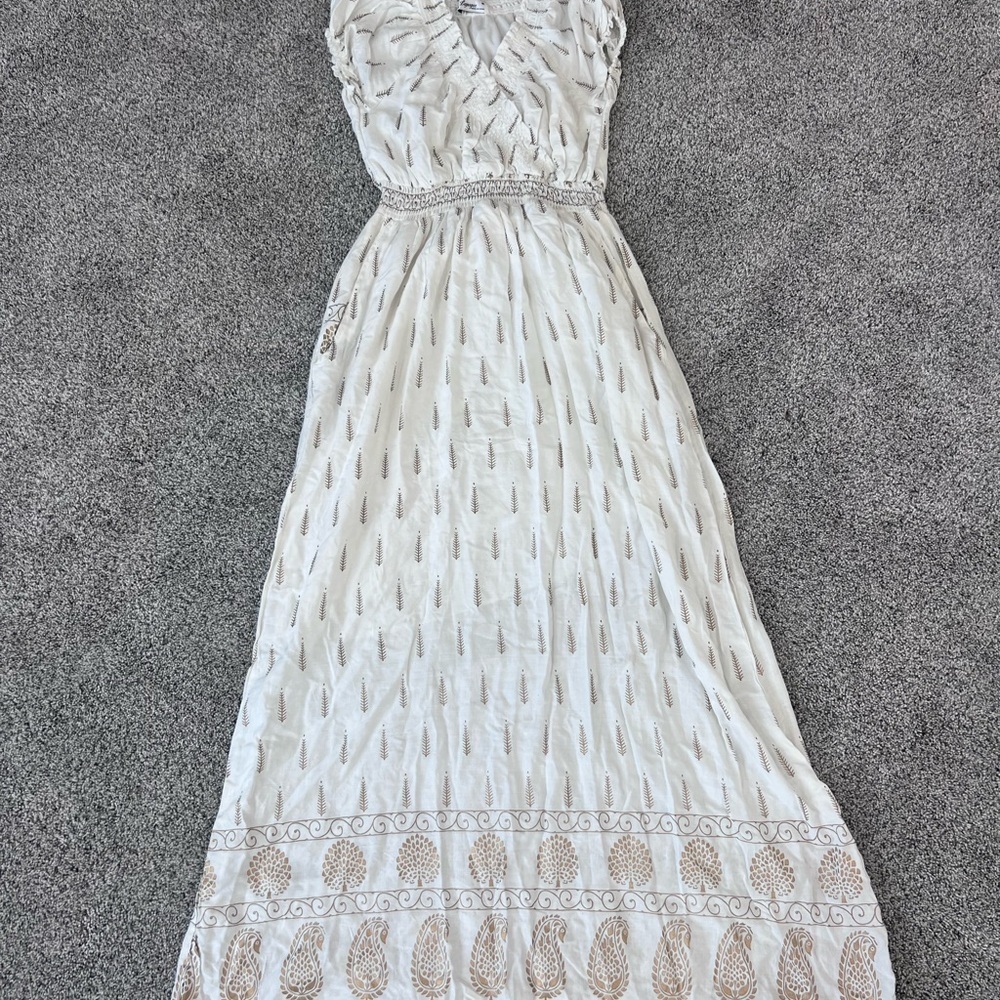Lapogee Ivory Gold Boho Western Hippie Rayon Elastic Waist Lined Maxi Dress M